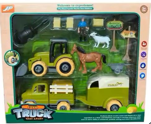 Farm Toy Tractor Play Set - Plastic Farm Animals, Fence, and Take-Apart Farmer Vehicle With Drill - Toy Truck With Horse