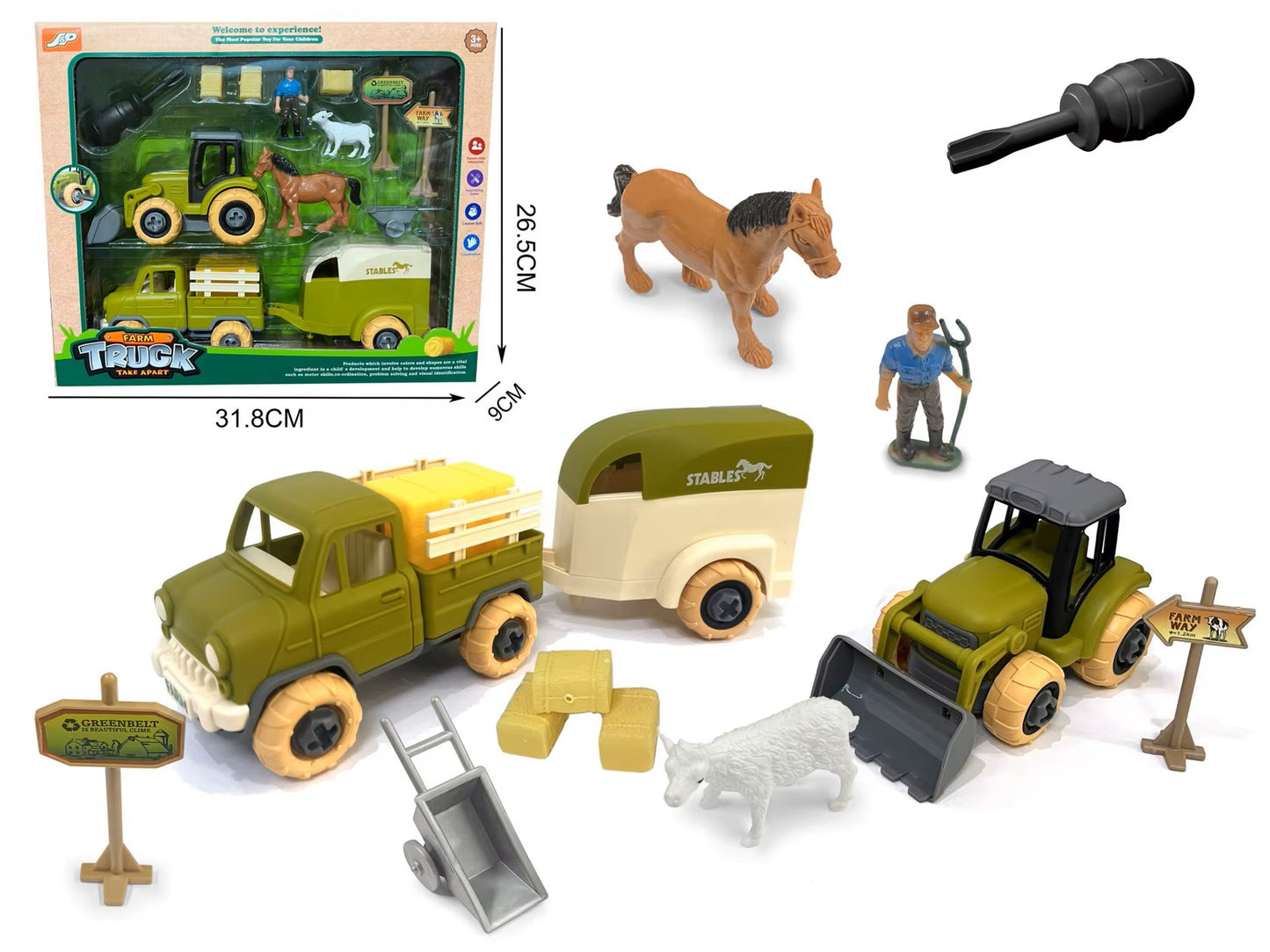 Farm Toy Tractor Play Set - Plastic Farm Animals, Fence, and Take-Apart Farmer Vehicle With Drill - Toy Truck With Horse